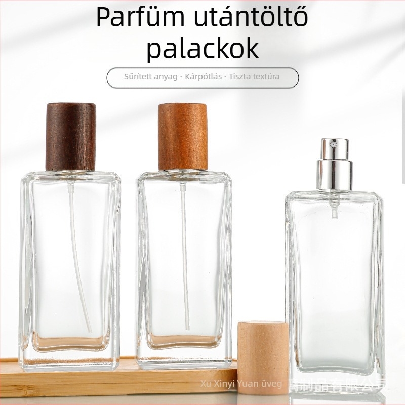 50 ml-es négyszögletes üvegparfümös flakon egyedi fa-textúrájú záróval és permetezővel – hordozható kozmetikai üveg