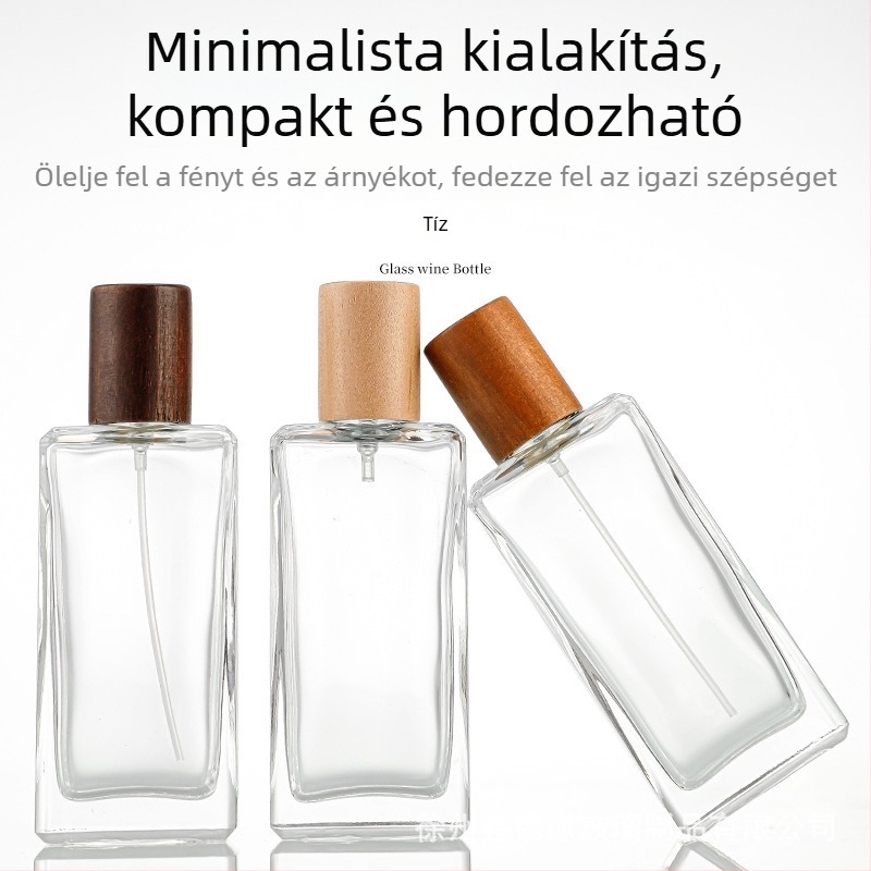 50 ml-es négyszögletes üvegparfümös flakon egyedi fa-textúrájú záróval és permetezővel – hordozható kozmetikai üveg