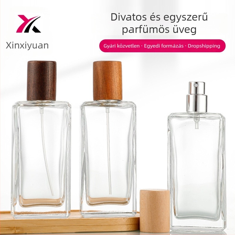 50 ml-es négyszögletes üvegparfümös flakon egyedi fa-textúrájú záróval és permetezővel – hordozható kozmetikai üveg
