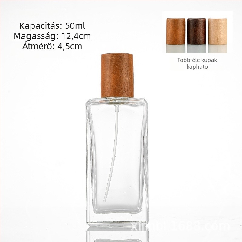 50 ml-es négyszögletes üvegparfümös flakon egyedi fa-textúrájú záróval és permetezővel – hordozható kozmetikai üveg
