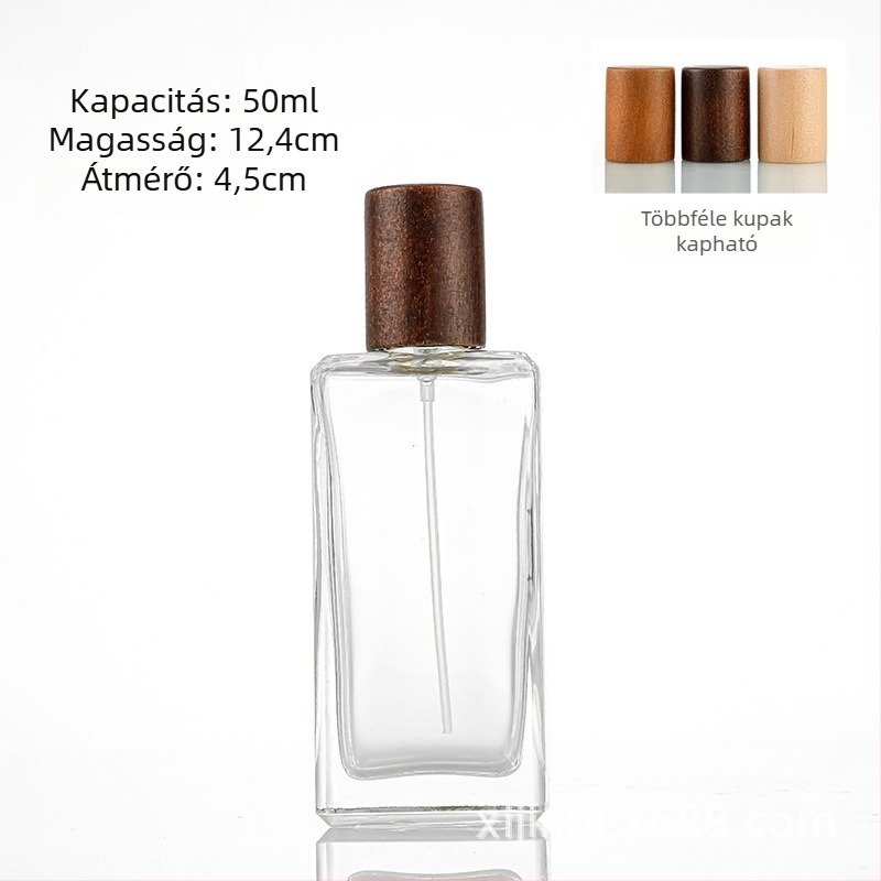 50 ml-es négyszögletes üvegparfümös flakon egyedi fa-textúrájú záróval és permetezővel – hordozható kozmetikai üveg