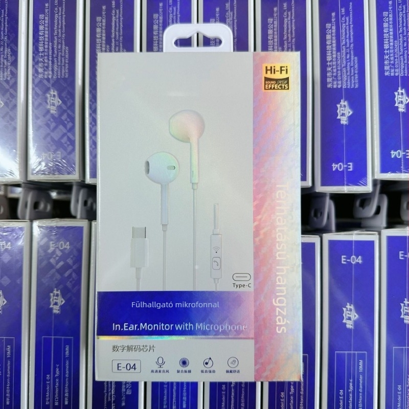 E04 Type-C vezetékes fejhallgató, inline vezérléssel, semi-in-ear dizájn, digitális DAC zene és játékokhoz