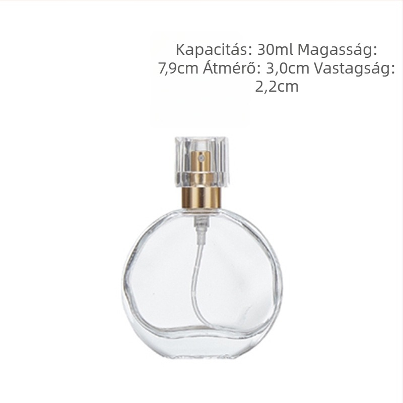 Üveg parfüm permetező, kozmetikai mintaüveg, kompakt lapos kör alakú hordozható permetező üveg, 100 ml, 50 ml, 30 ml