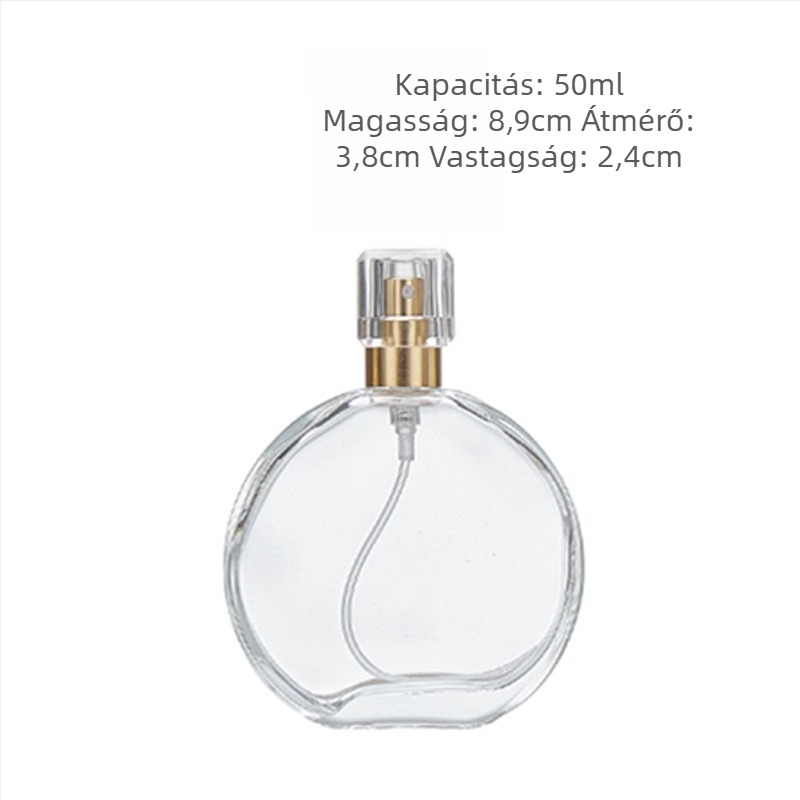 Üveg parfüm permetező, kozmetikai mintaüveg, kompakt lapos kör alakú hordozható permetező üveg, 100 ml, 50 ml, 30 ml