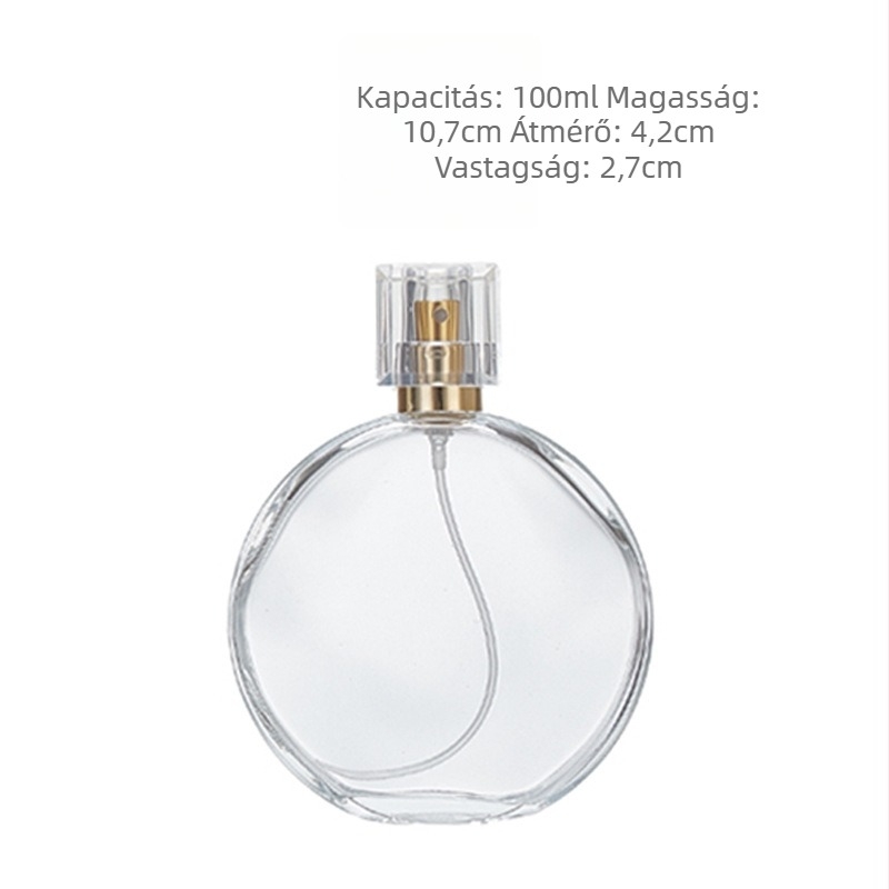 Üveg parfüm permetező, kozmetikai mintaüveg, kompakt lapos kör alakú hordozható permetező üveg, 100 ml, 50 ml, 30 ml