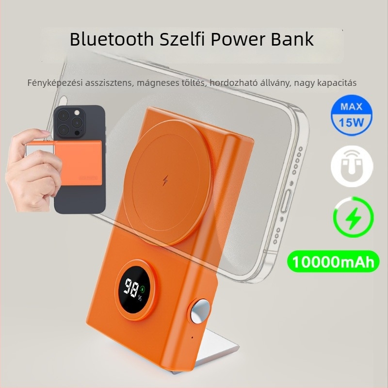 Bluetooth selfie power bank mágneses vezeték nélküli töltéssel, 15W, mobil állvány, 10000mAh, nagy kapacitás