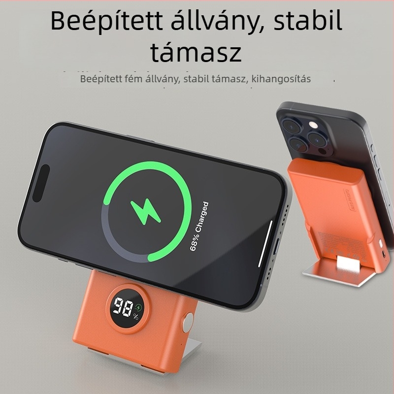 Bluetooth selfie power bank mágneses vezeték nélküli töltéssel, 15W, mobil állvány, 10000mAh, nagy kapacitás