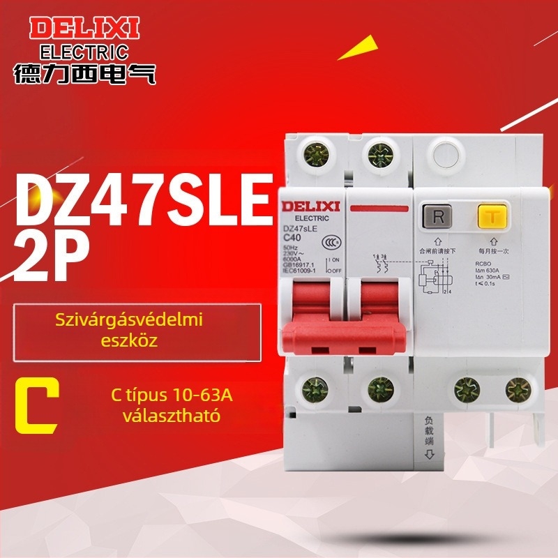 Delixi DZ47SLE szivárgásvédő, 2 pólusú 63A-es megszakító, szivárgásvédelmi funkcióval, lakossági 32A/16A