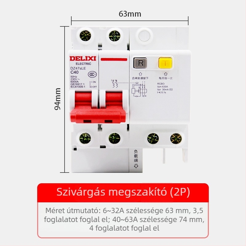 Delixi DZ47SLE szivárgásvédő, 2 pólusú 63A-es megszakító, szivárgásvédelmi funkcióval, lakossági 32A/16A