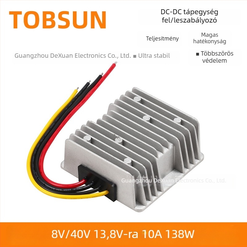 TOBSUN DC-DC konverter 12V-ból 13.8V-ra, 10A, bemenet 8–40V, autóipari tápegység, szabályozott kimenet