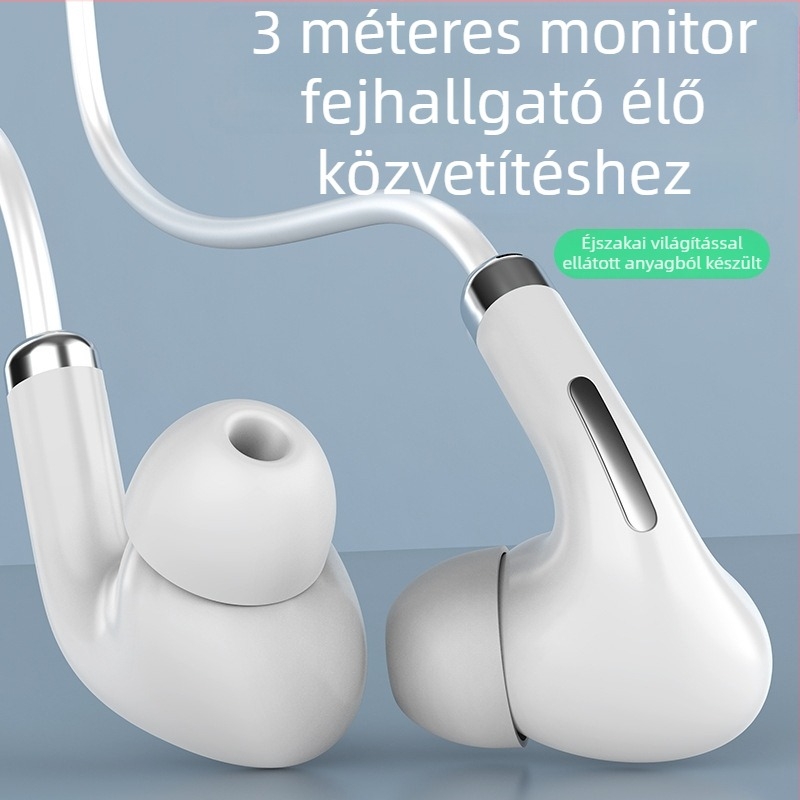 Vezetékes fülhallgató mikrofont tartalmazó karaoke-hoz és élő közvetítéshez, inline vezérlővel, állítható hangerő és világító kábel