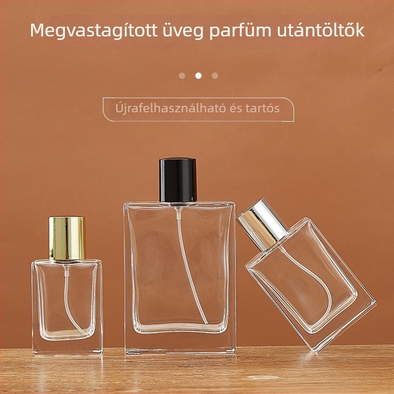 Parfümös üveg nyomógombos permetezőfejjel, 50 ml-es vastag üvegű kozmetikai adagoló, 30 ml-es mintadarab üveg