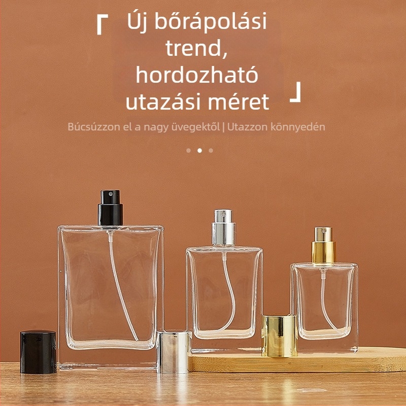 Parfümös üveg nyomógombos permetezőfejjel, 50 ml-es vastag üvegű kozmetikai adagoló, 30 ml-es mintadarab üveg