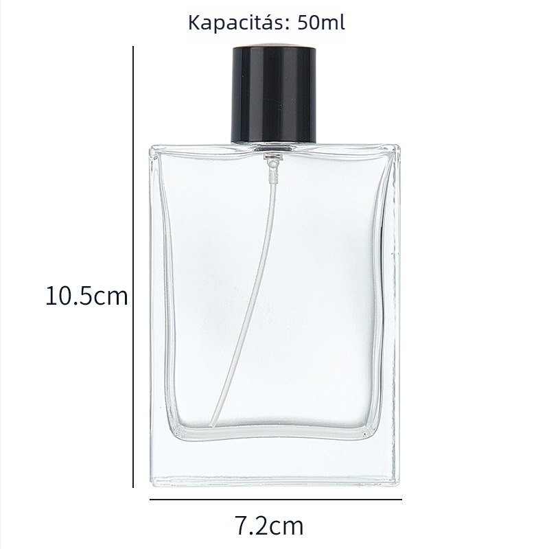 Parfümös üveg nyomógombos permetezőfejjel, 50 ml-es vastag üvegű kozmetikai adagoló, 30 ml-es mintadarab üveg