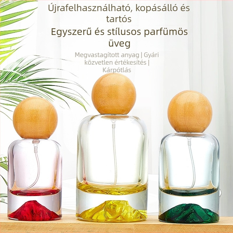 Vulkán-alapú hengeres parfümös üveg, 30 ml, átlátszó, színes díszítéssel, permetező fej