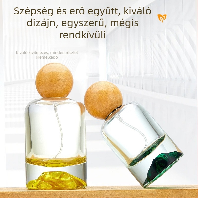 Vulkán-alapú hengeres parfümös üveg, 30 ml, átlátszó, színes díszítéssel, permetező fej