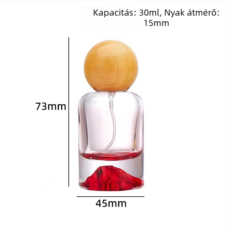 Vulkán-alapú hengeres parfümös üveg, 30 ml, átlátszó, színes díszítéssel, permetező fej