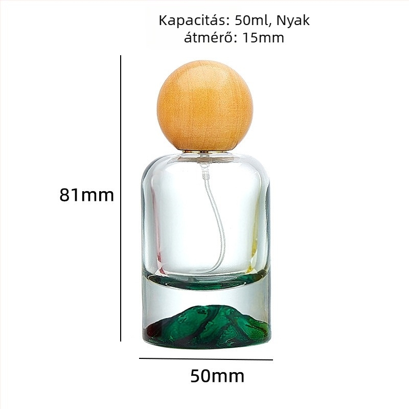 Vulkán-alapú hengeres parfümös üveg, 30 ml, átlátszó, színes díszítéssel, permetező fej