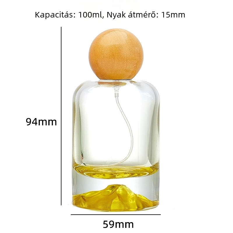 Vulkán-alapú hengeres parfümös üveg, 30 ml, átlátszó, színes díszítéssel, permetező fej