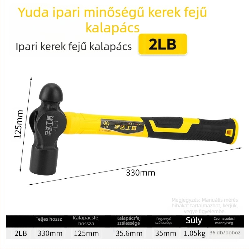 Golyófejű kalapács, magas széntartalmú acélból, 1 font, 2 darabos készlet, 300 mm teljes hossz, TPR markolat, otthoni felhasználásra és asztalos munkákhoz
