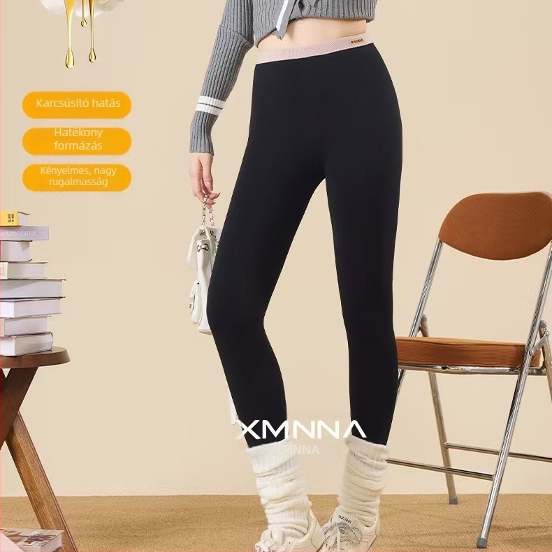 Xinmingna 9936 pamut egyszínű fekete leggings bolyhosított felülettel, alacsony derék, 200 g, 9/10-es hossz, betűs mintázat, far-emelő hatás
