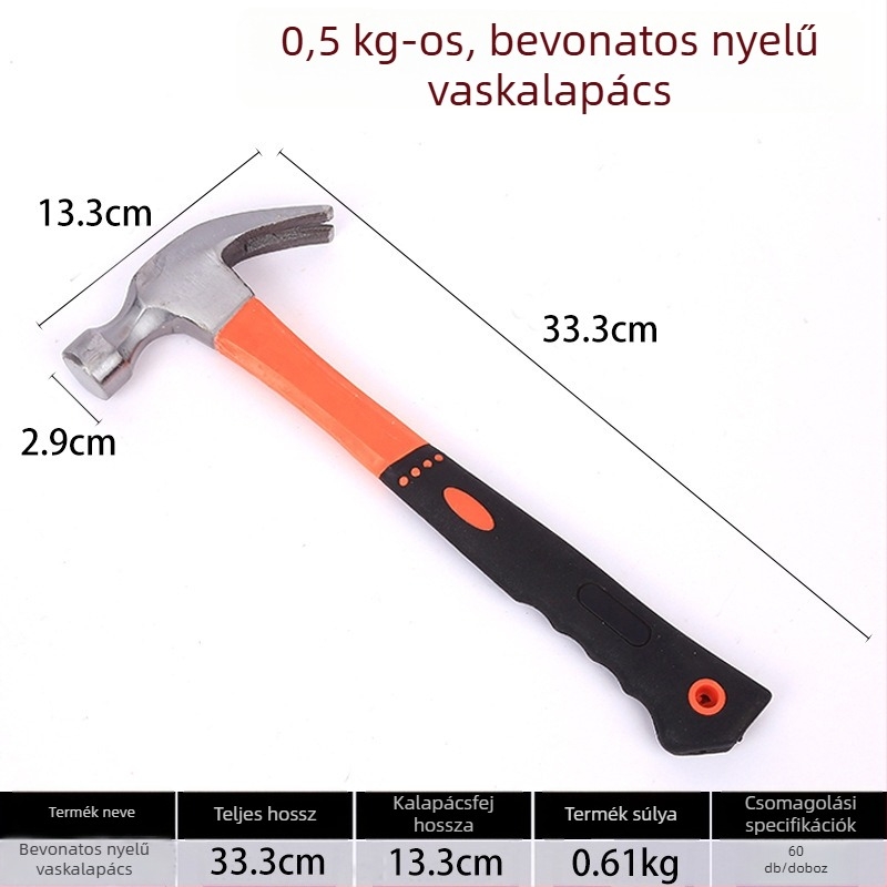 Mini műanyag borítású karmás kalapács, fej magas széntartalmú acélból, 270 mm hosszú, 0,35 kg, háztartási és építőipari használatra