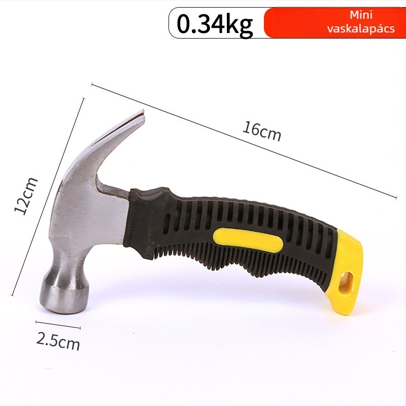 Mini műanyag borítású karmás kalapács, fej magas széntartalmú acélból, 270 mm hosszú, 0,35 kg, háztartási és építőipari használatra