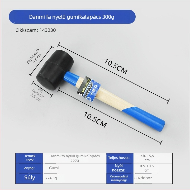Gumi kalapács gömbölyű fa markolatú padló- és csempeburkolat szereléséhez - 200 g, 300 g, 400 g, 500 g