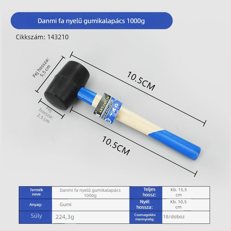 Gumi kalapács gömbölyű fa markolatú padló- és csempeburkolat szereléséhez - 200 g, 300 g, 400 g, 500 g