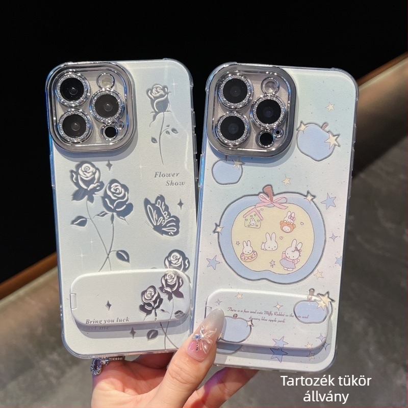 Akril tükrös tartó iPhone tokokhoz, Cartoon/Ins stílus, aranyos dizájn, kopásálló és esés elleni védelem, kompatibil több iPhone modellel.