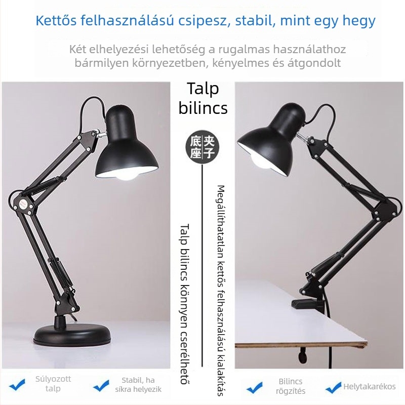 LED energiatakarékos asztali lámpa, ipari stílusú, hordozható, csíptetős asztali világítás iroda vagy hálószoba számára
