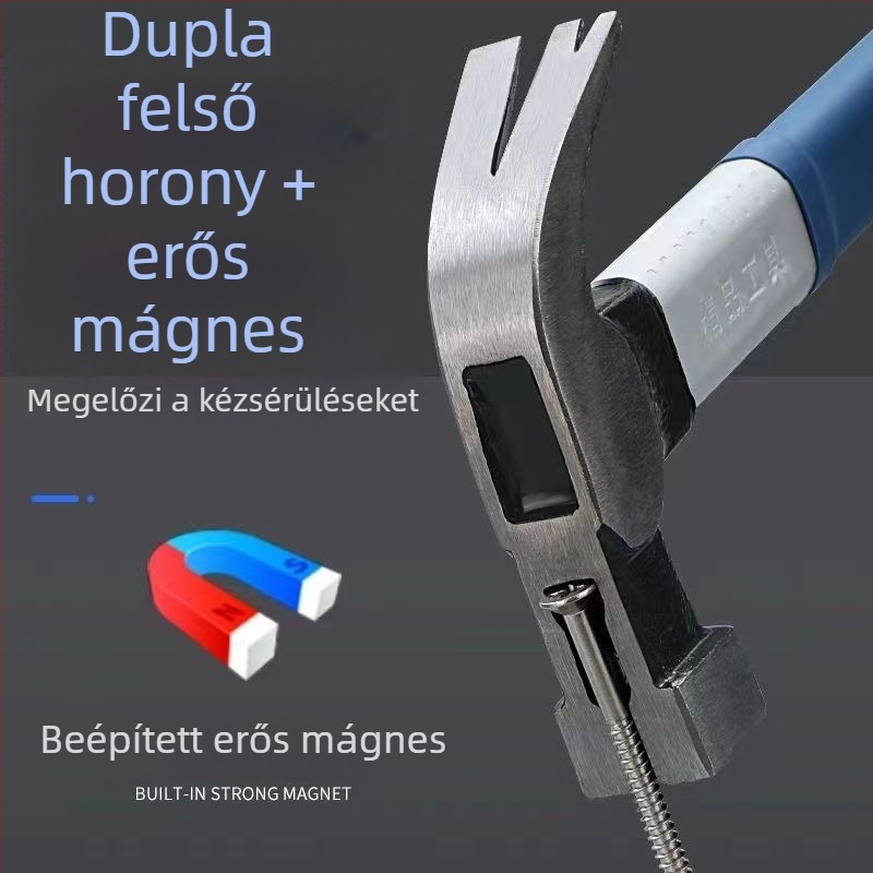 8 hüvelykes fakivágó kalapács körmös fejjel, kettős horny a fején, mágneses, csúszásmentes, magas széntartalmú acél, műanyag bevonatú nyél