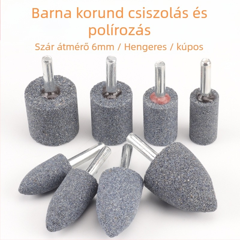 Barna korund csiszolófej fogantyúval, hegyes cilinderes T-formájú fej, elektromos csiszolófej