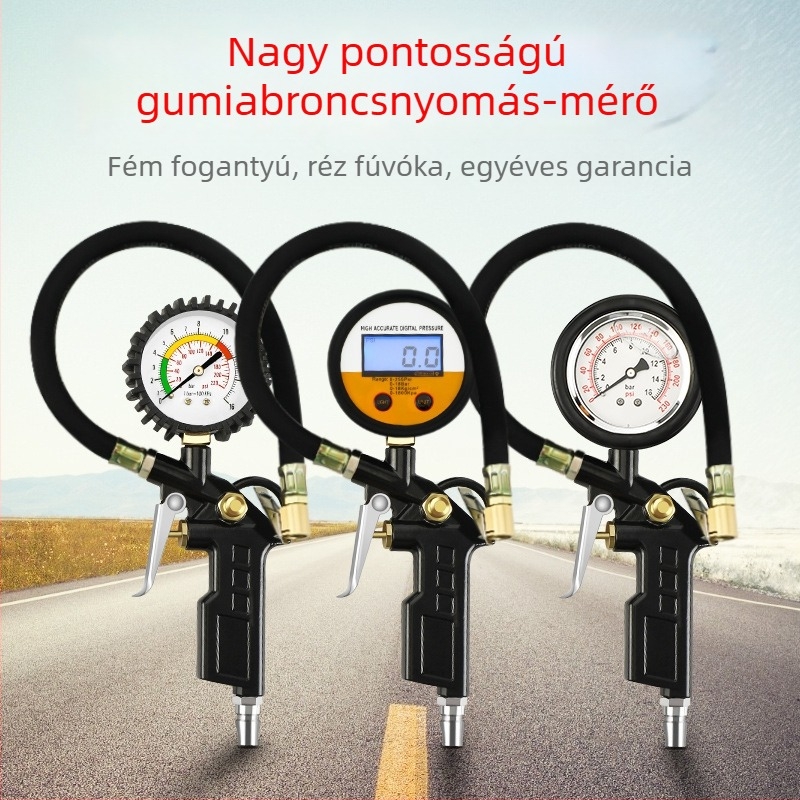 Magas pontosságú gumiabroncsnyomás-mérő felfújófejjel és digitális kijelzővel