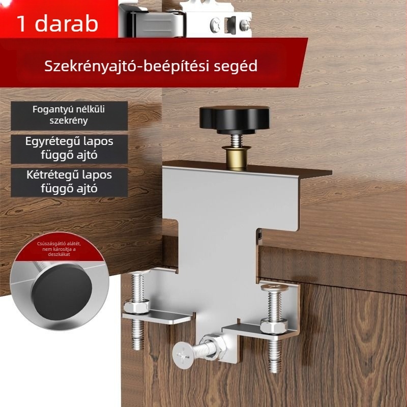Szekrényajtó szerelési segéd, szintező eszköz, ajtóemelő, többfunkciós asztalos eszköz a szekrényajtók közötti részek beállításához és rögzítéséhez