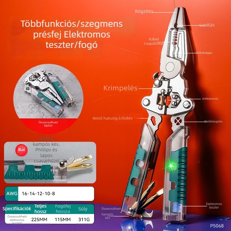 Összecsukható vezetékekhez használható, feszültségmérő tollal ellátott, visszahajtható szigetelés eltávolító fogó — erősített, többfunkciós szerelőeszköz