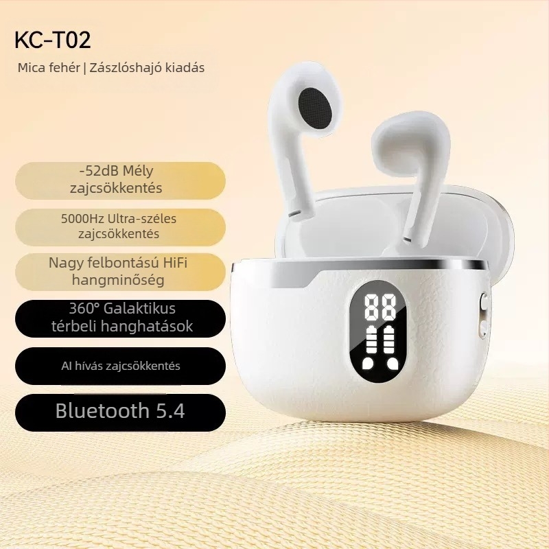 Bőrtextúrájú digitális kijelzős vezeték nélküli Bluetooth fülhallgatók, in-ear kialakítás, intelligens zajcsökkentés, Bluetooth 5.4, üzemidő 4–8 óra