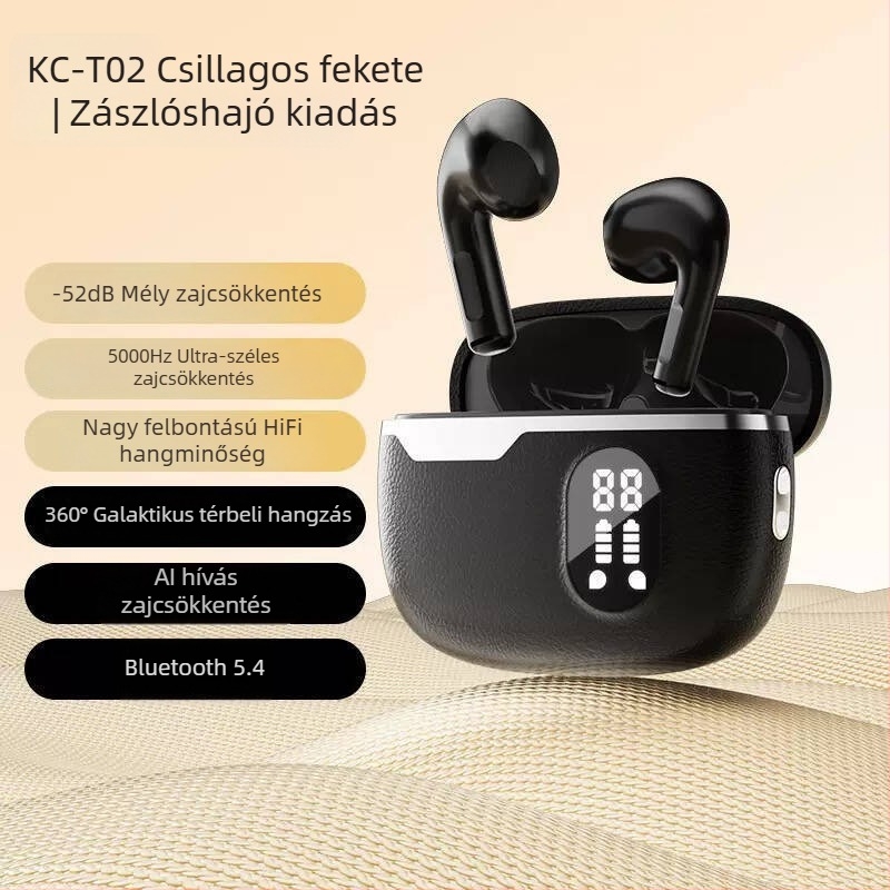 Bőrtextúrájú digitális kijelzős vezeték nélküli Bluetooth fülhallgatók, in-ear kialakítás, intelligens zajcsökkentés, Bluetooth 5.4, üzemidő 4–8 óra
