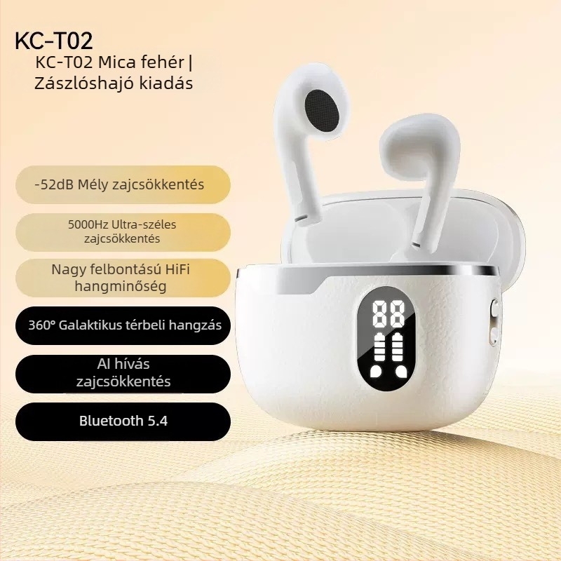 Bőrtextúrájú digitális kijelzős vezeték nélküli Bluetooth fülhallgatók, in-ear kialakítás, intelligens zajcsökkentés, Bluetooth 5.4, üzemidő 4–8 óra