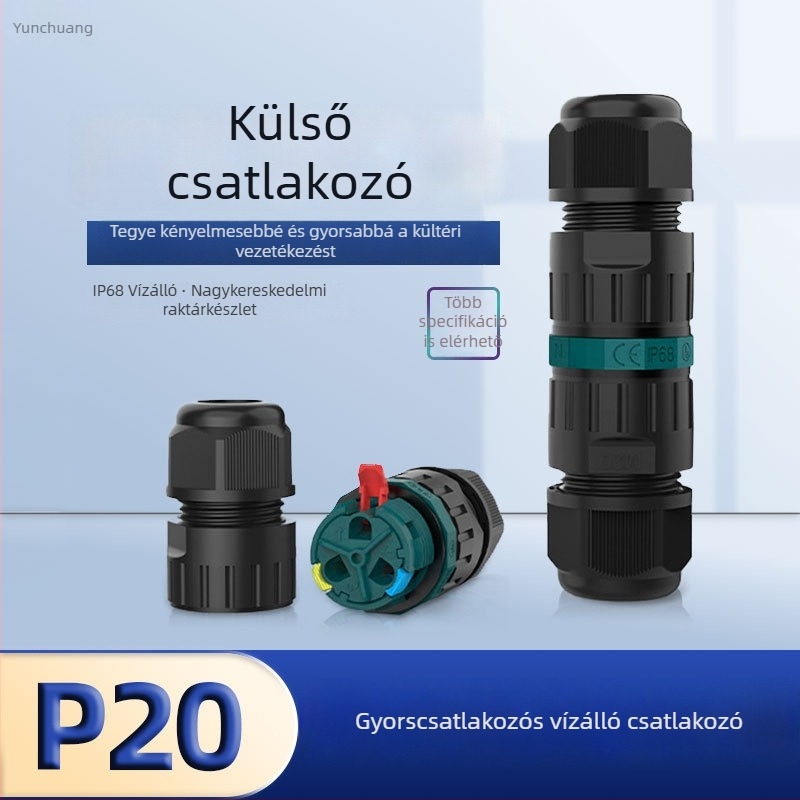 IP68 csavarmentes vízálló csatlakozó, P20, egyenes átvezetésű 3-vezeték, pattintós nyomó típusú gyorscsatlakozás