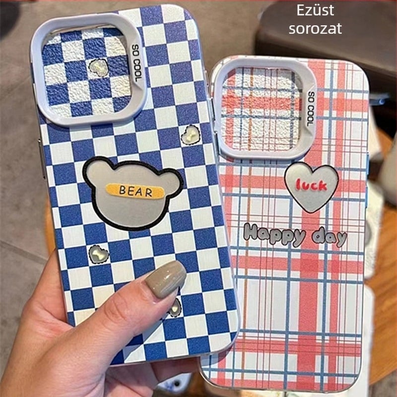 Cartoon ezüst színű védőtok iPhone 16/15/14-hez, IMD matt felület, ütésálló, aranyos minimalistikus dizájn