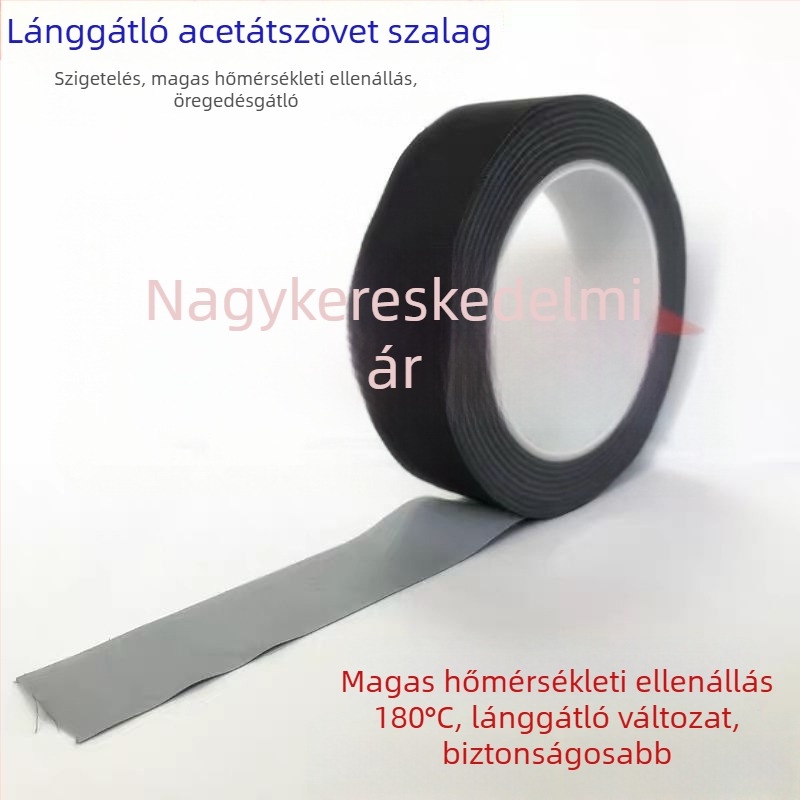 Fekete acetát szövetes szalag vezetékek szigetelésére, magas hőállóságú, 30 m tekercs, szélességek 5-40 mm