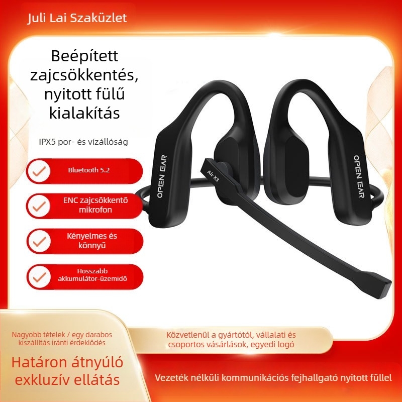 Csontvezetéses Bluetooth headset, egyéni modell, nyílt típus, nyakba akasztva, sportos, vízálló, zajcsökkentés üzleti hívásokhoz