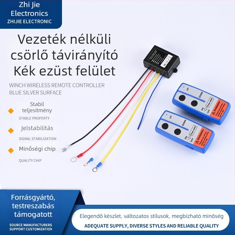 12V/24V elektromos csörlő vezeték nélküli dupla távirányítóval – hordozható, kék-ezüst felület