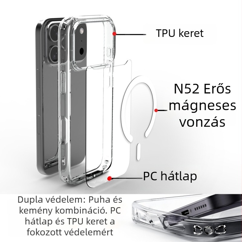 iPhone 17 Pro átlátszó mágneses védőtok, ütésálló és karcolásálló, 2.0 mm