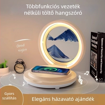 Folyóhomok-művészeti asztali lámpa, vezeték nélküli töltés, Bluetooth hangszóró, éjjeli fény az éjjeliszekrényhez