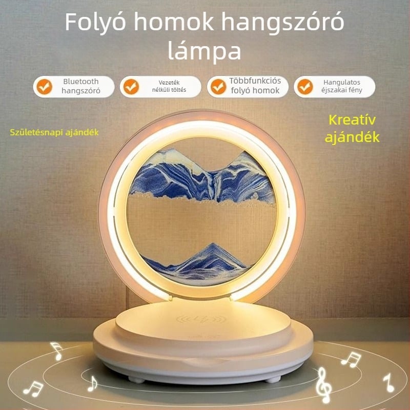 Folyóhomok-művészeti asztali lámpa, vezeték nélküli töltés, Bluetooth hangszóró, éjjeli fény az éjjeliszekrényhez