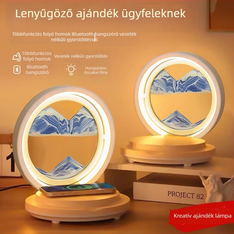 Folyóhomok-művészeti asztali lámpa, vezeték nélküli töltés, Bluetooth hangszóró, éjjeli fény az éjjeliszekrényhez