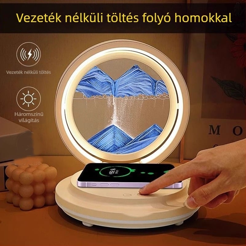Folyóhomok-művészeti asztali lámpa, vezeték nélküli töltés, Bluetooth hangszóró, éjjeli fény az éjjeliszekrényhez