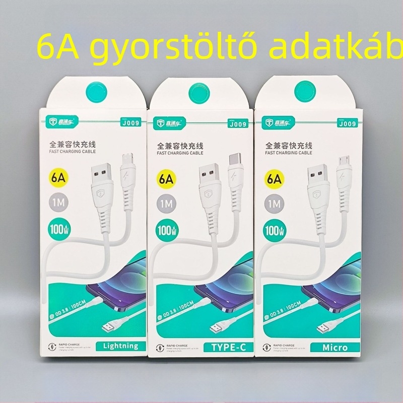 6A gyorstöltésű adatkábel Android, Type-C és Apple készülékekhez, Lightning, Micro USB és Type-C csatlakozókkal, 1 m hosszú, szilikonból, fehér